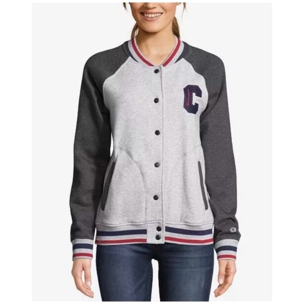 Champion Heritage Fleece Bomber Sweatshirt Letterman Jacket In Oxford Gray NWT